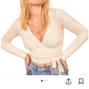 Reformation Cream Ribbed Wrap Cropped Top